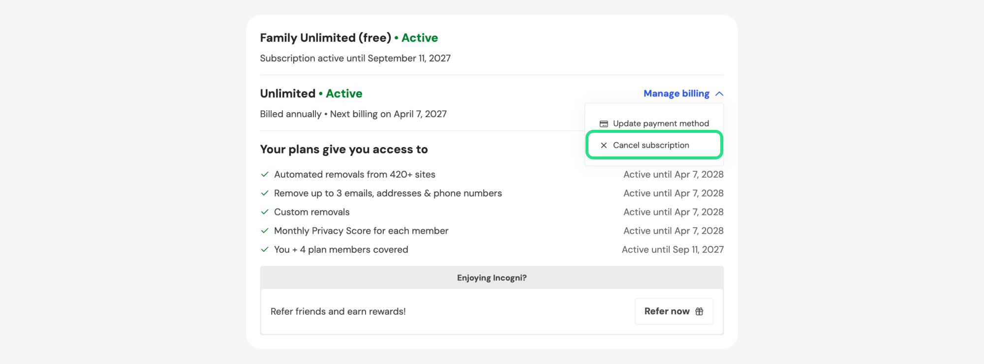 Manage billing menu with Cancel subscription highlighted