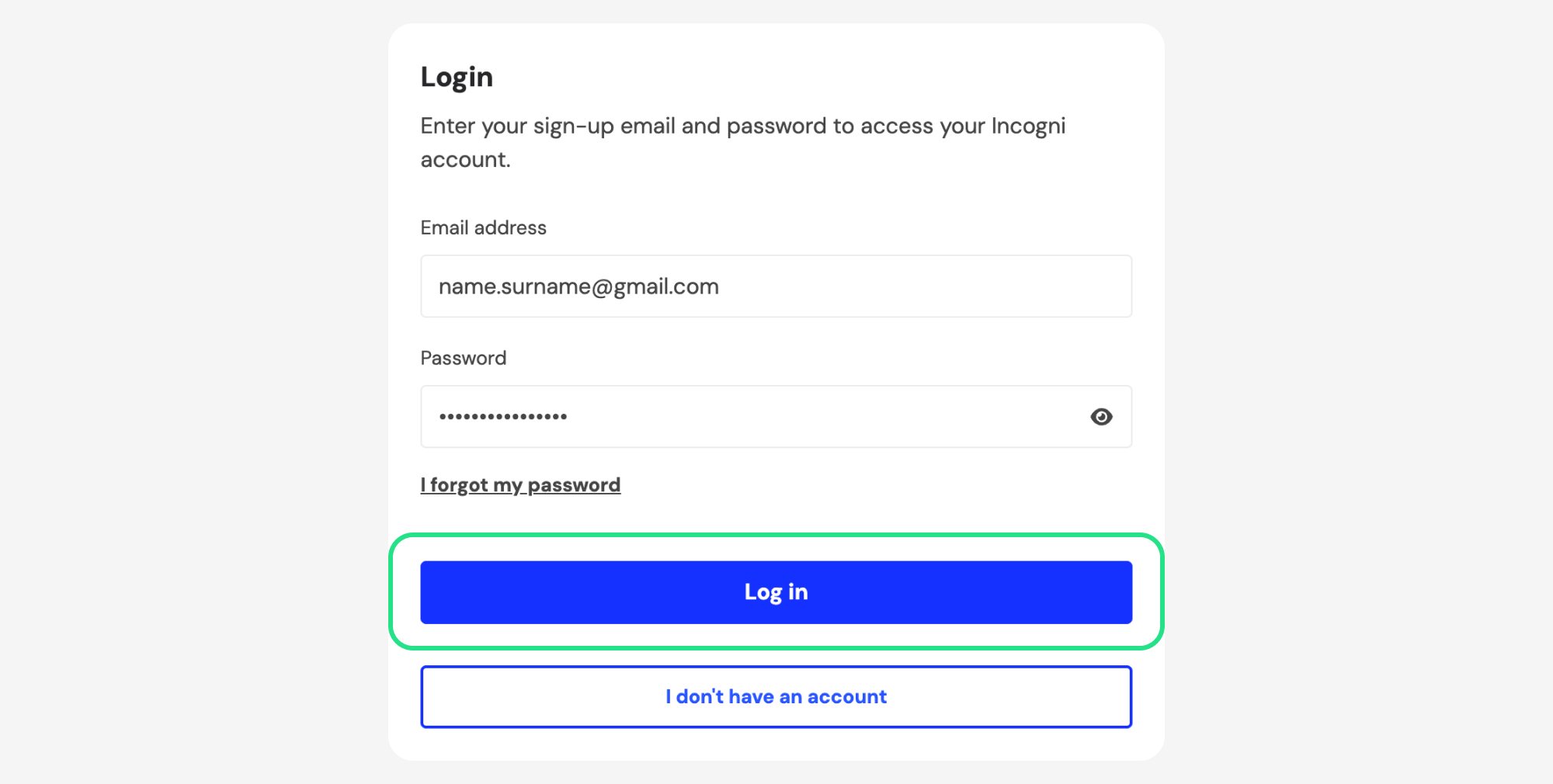 Incogni login page with Log in highlighted