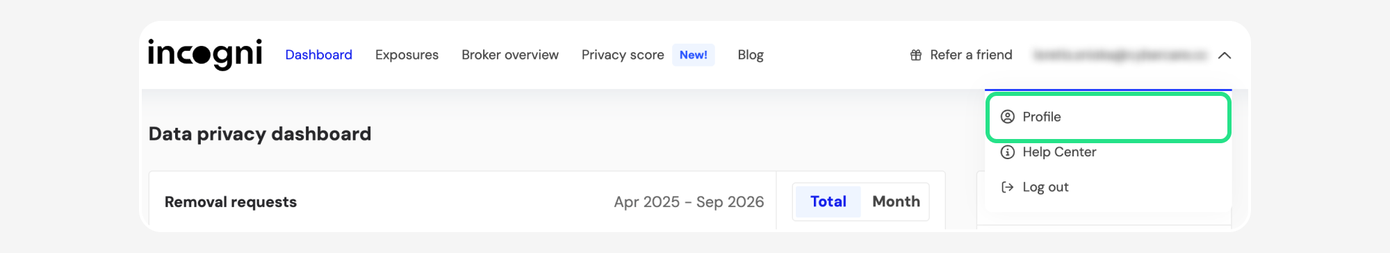 Incogni dashboard account menu with Profile highlighted