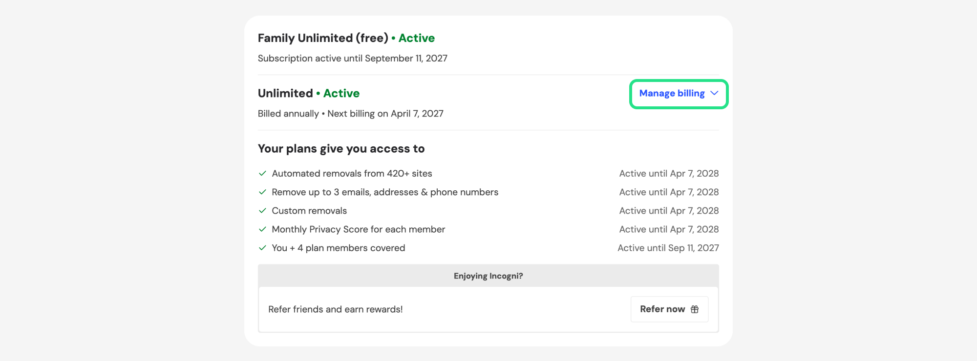 Unlimited plan card with Manage billing highlighted