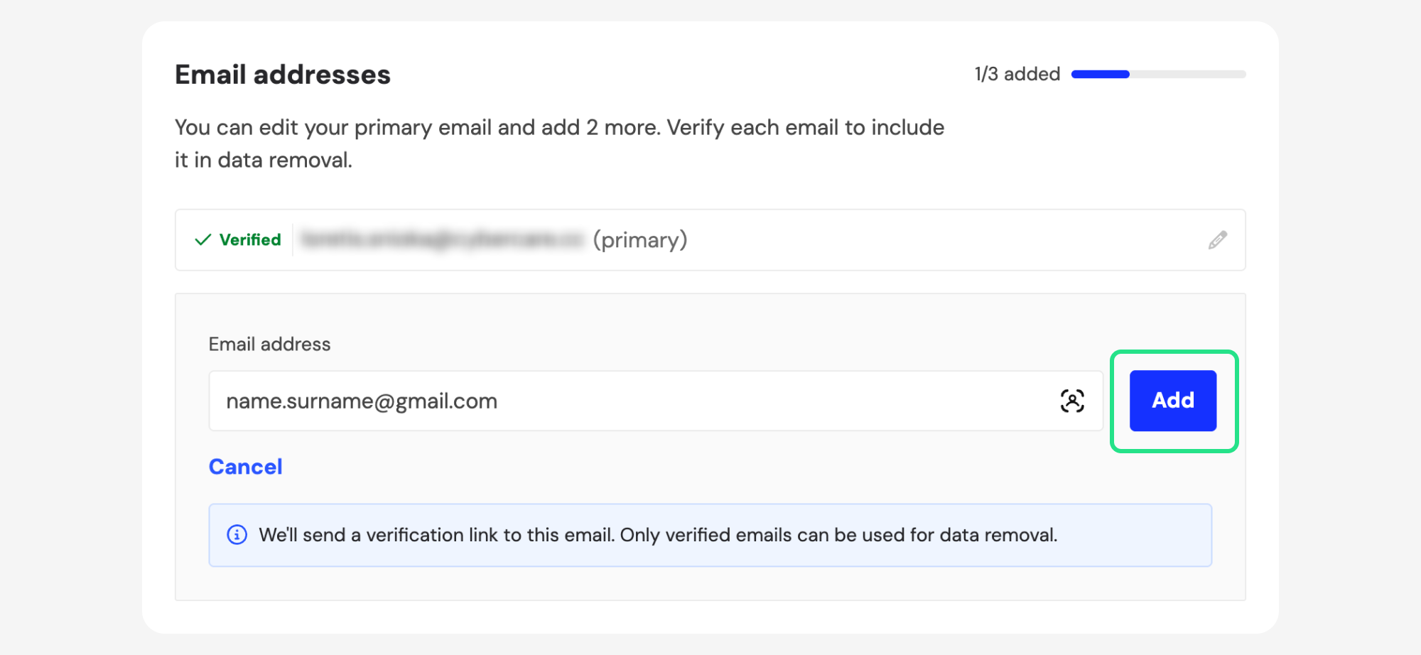 Email addresses form with Add highlighted