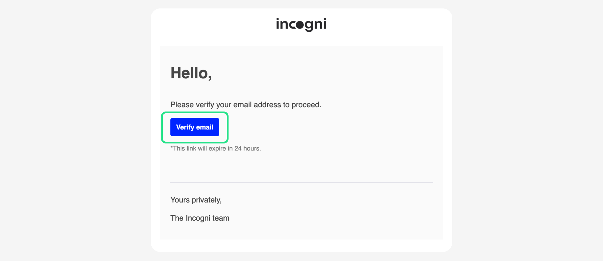 Incogni verification email with Verify email highlighted
