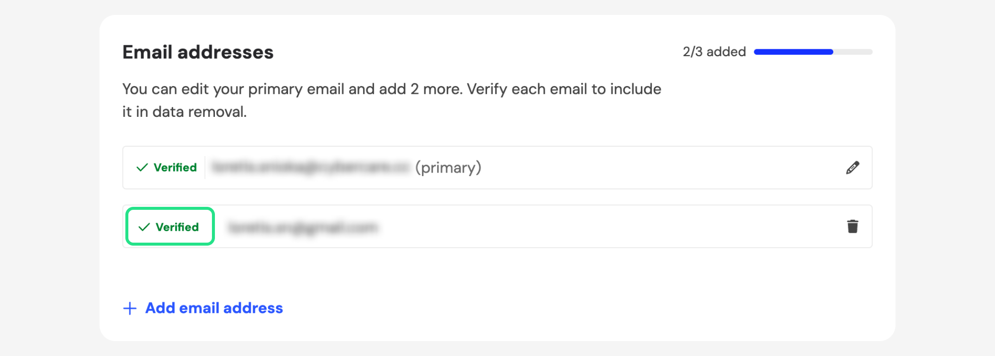 Email addresses list with Verified status highlighted