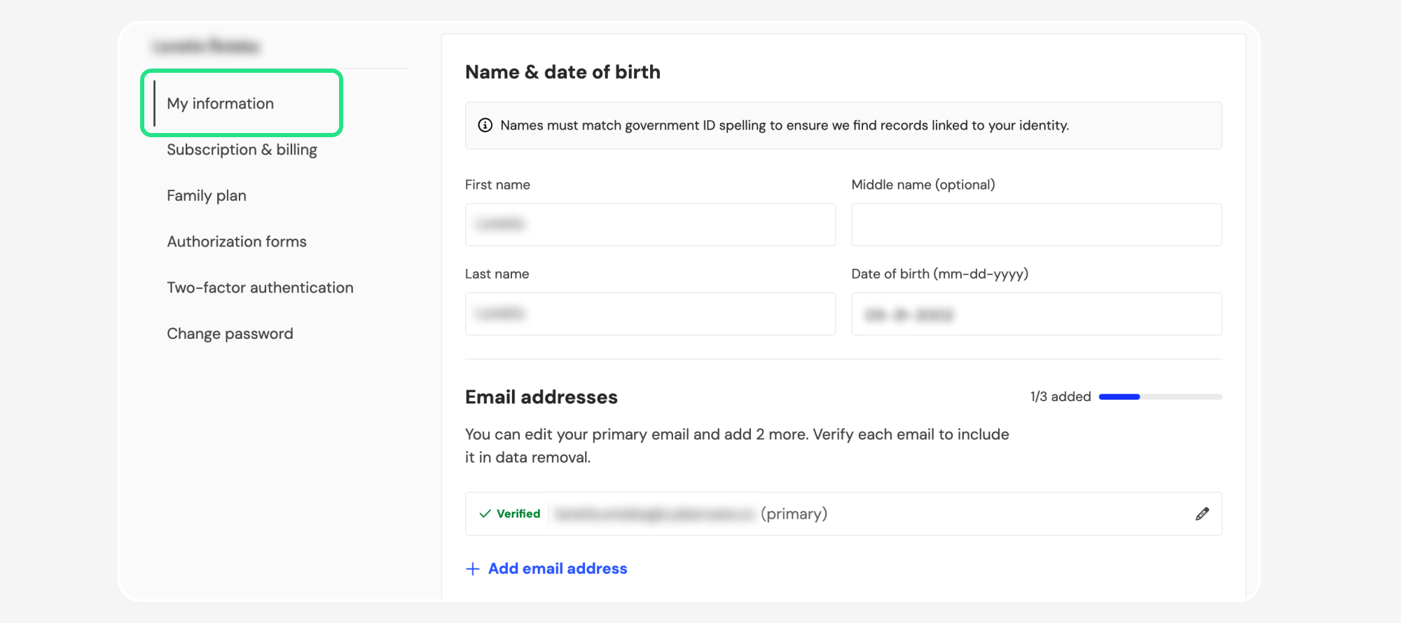 Profile page with My information highlighted
