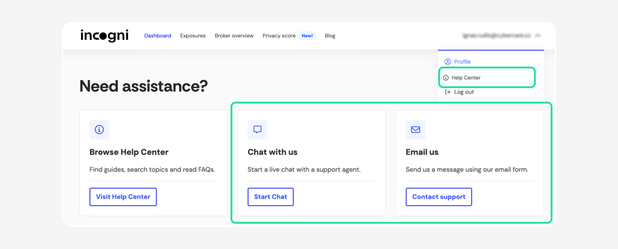 Need assistance page with Help Center, Chat with us, and Email us highlighted
