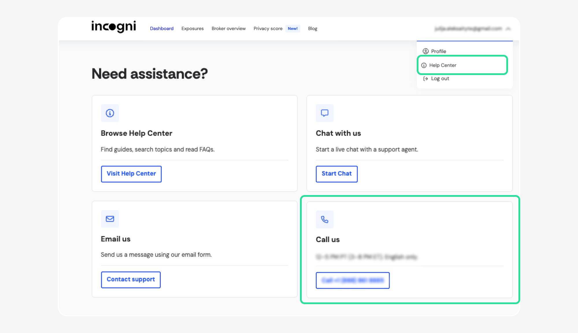 Need assistance page with Help Center and Call us highlighted