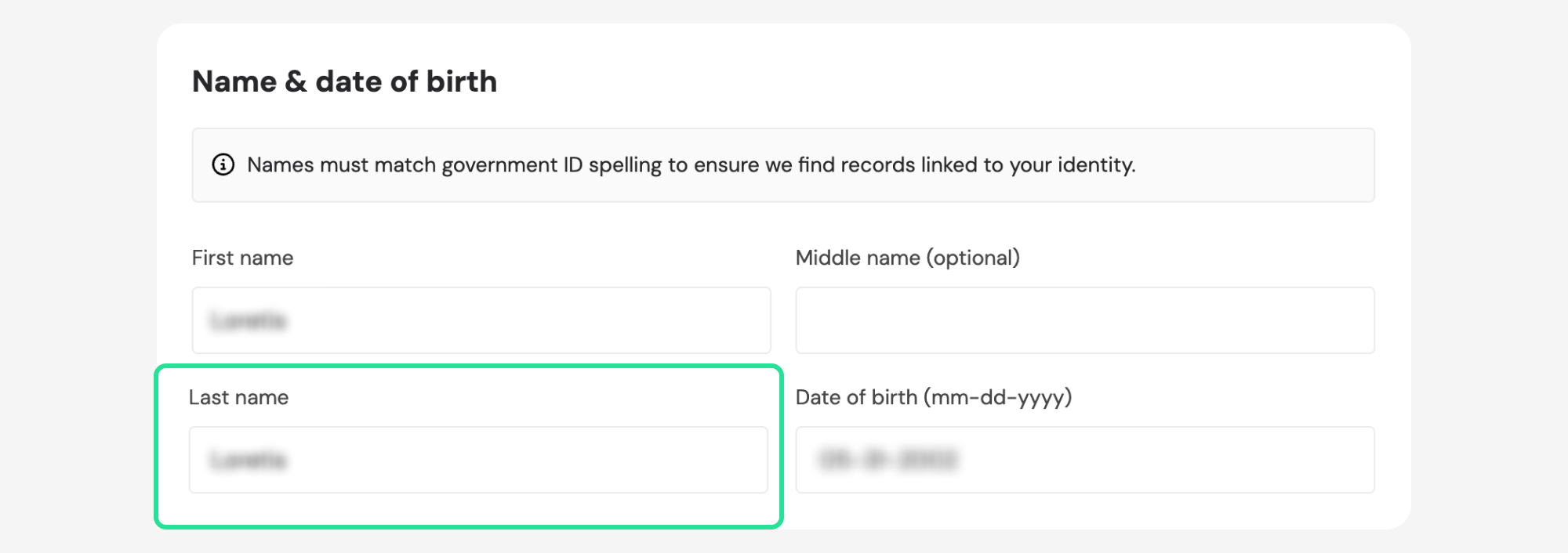 Incogni Name & date of birth form with Last name field highlighted