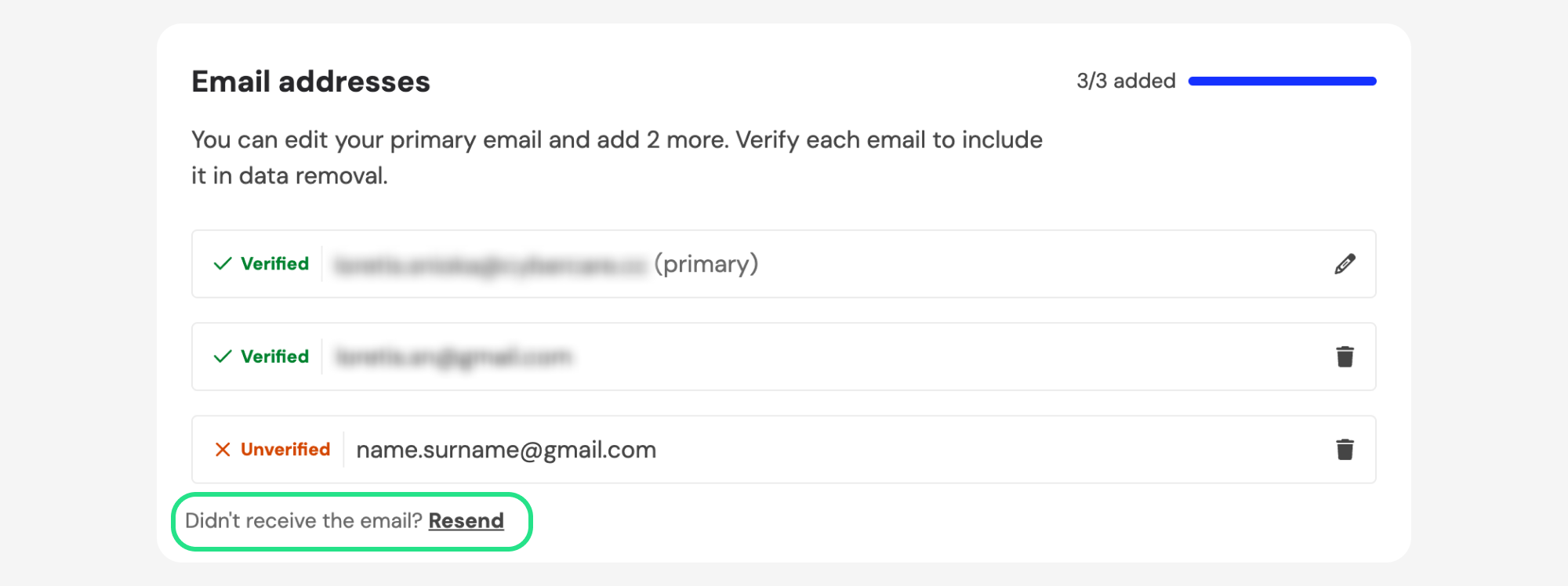 Unverified email row with Resend highlighted