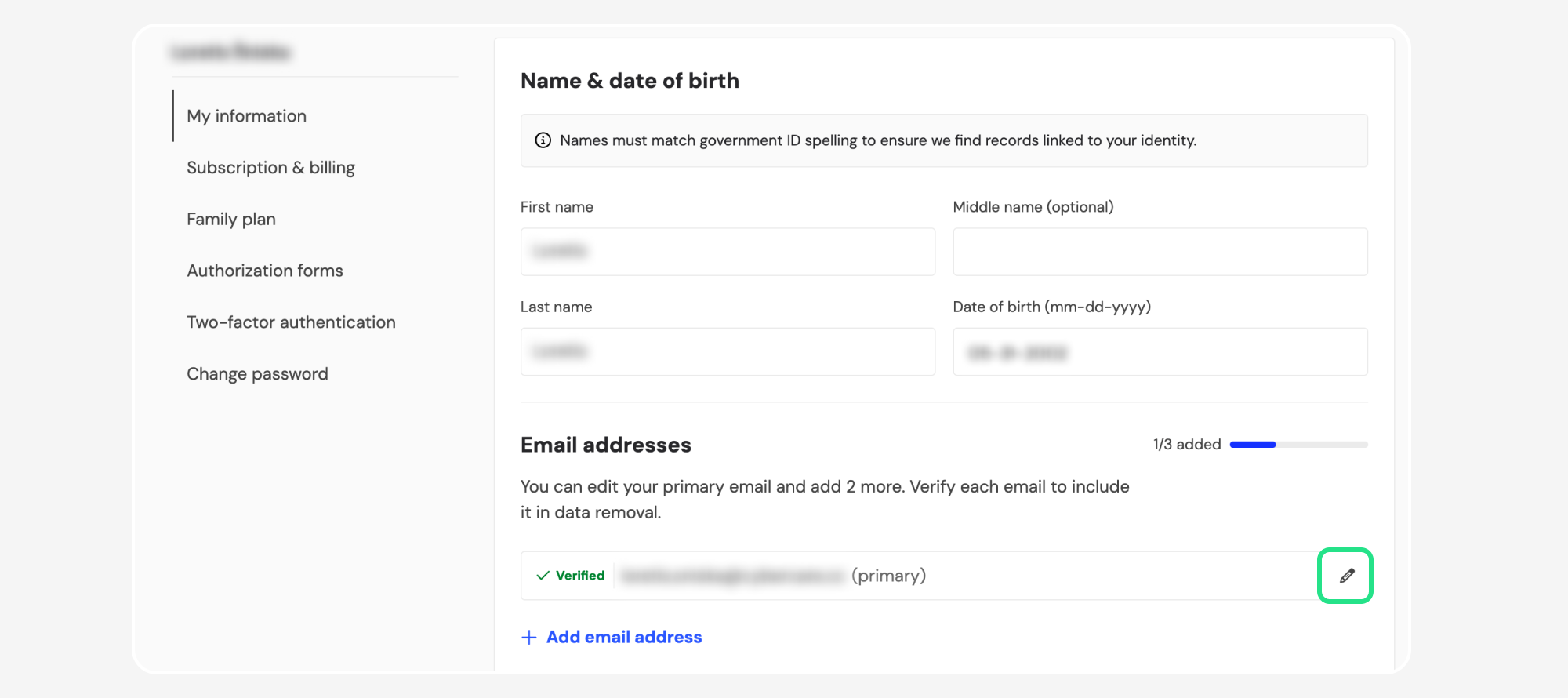 Email addresses row with pencil icon highlighted