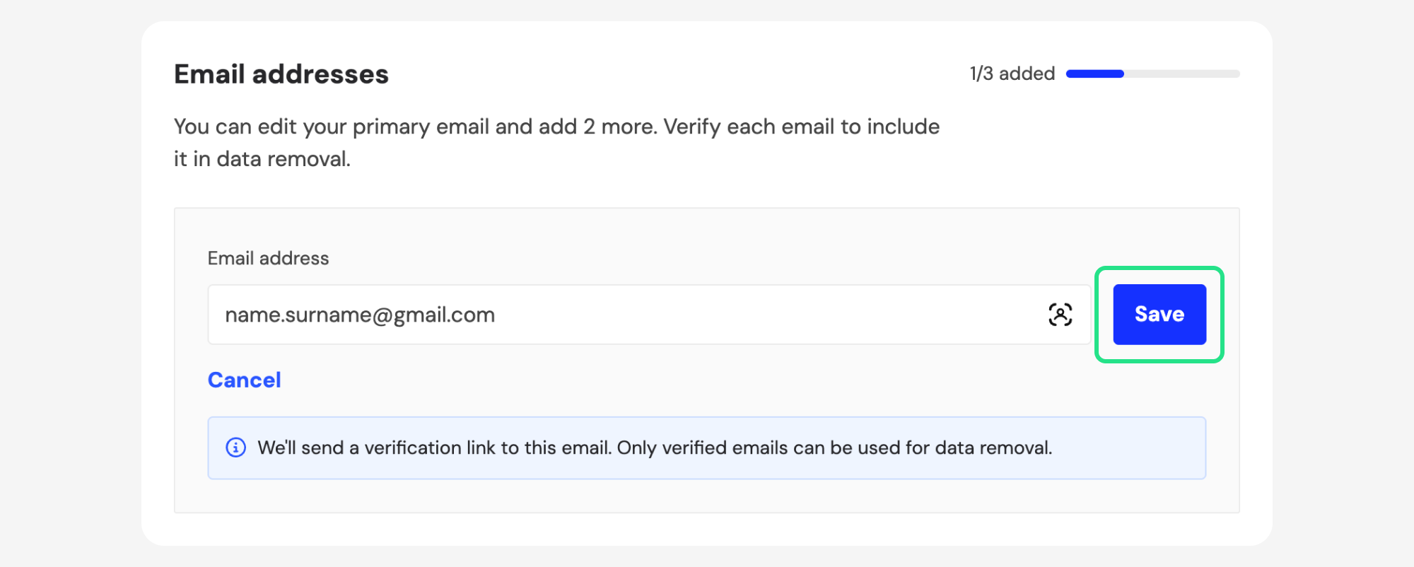 Email addresses form with Save highlighted