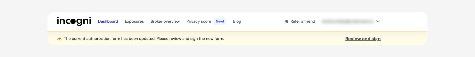 Incogni banner prompting to Review and sign an updated authorization form