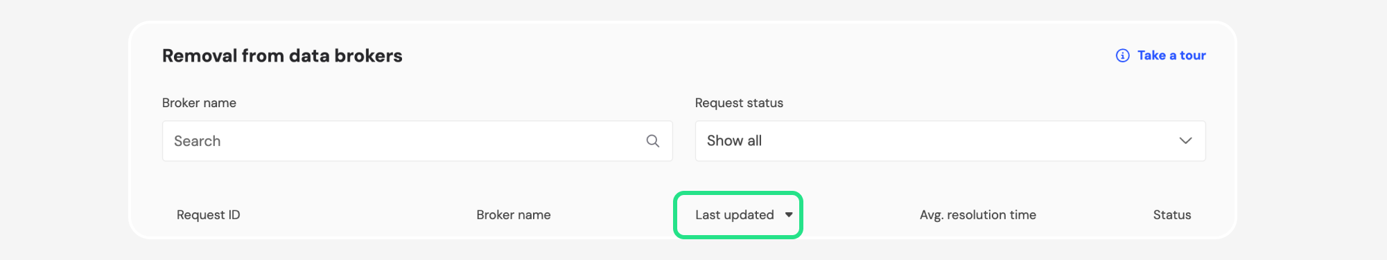 Removal from data brokers filters with Last updated highlighted