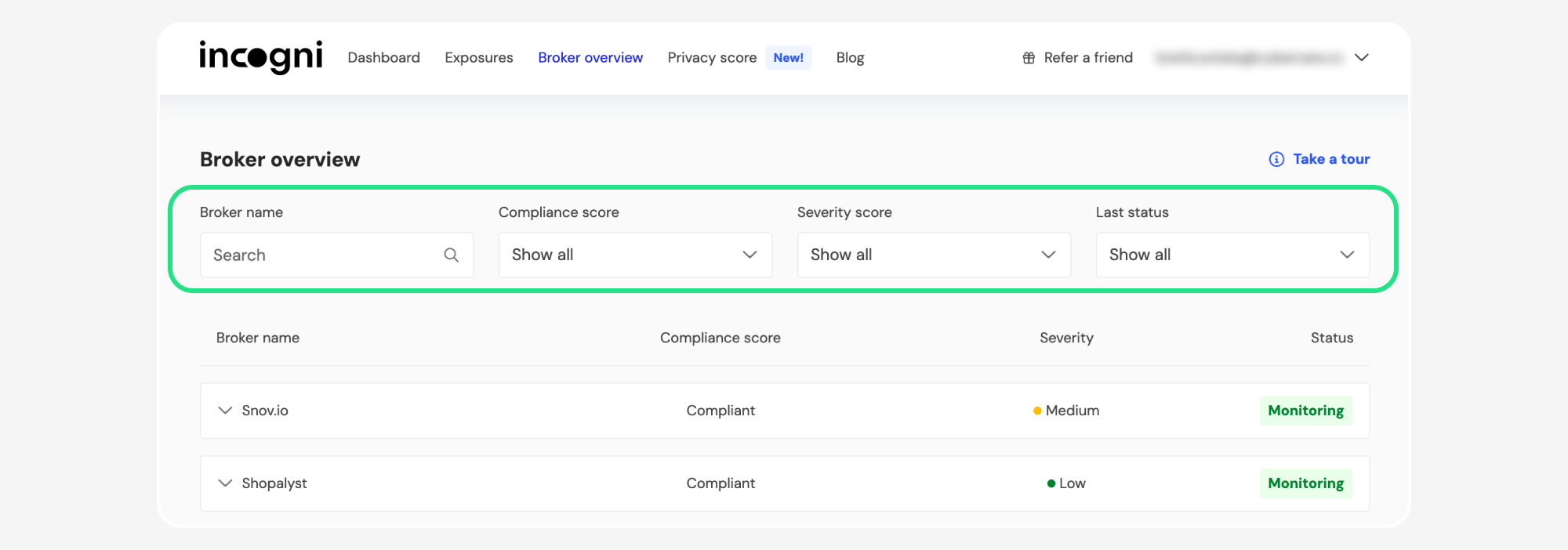 Broker overview filters for name, compliance, severity, and last status highlighted