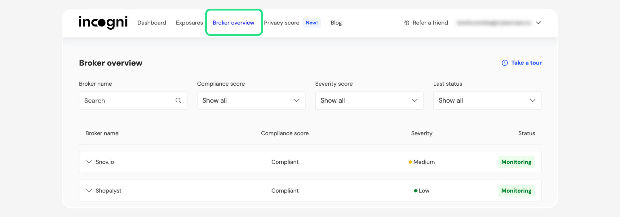 Incogni Broker overview page with Broker overview nav highlighted