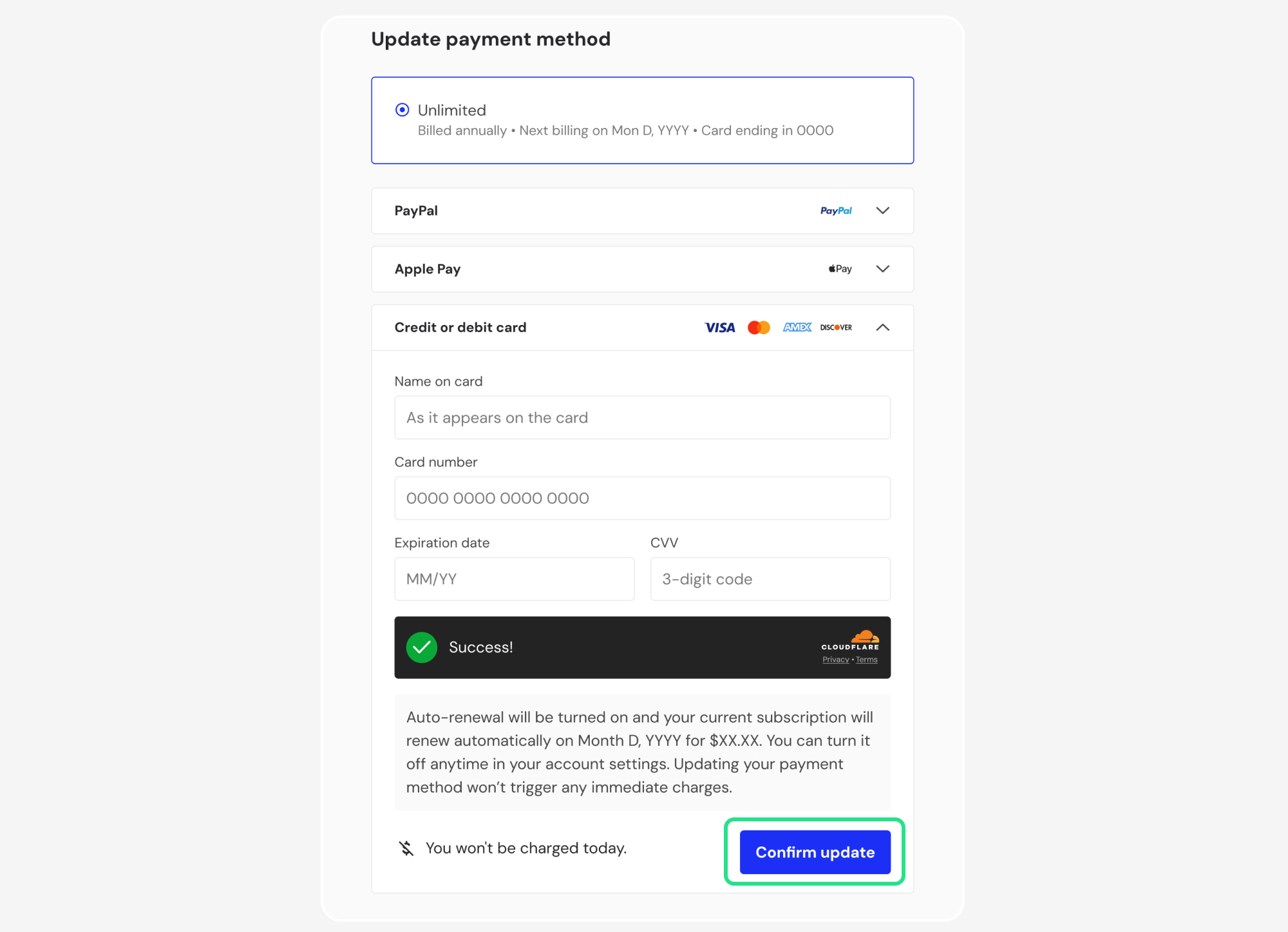 Update payment method page with Confirm update highlighted