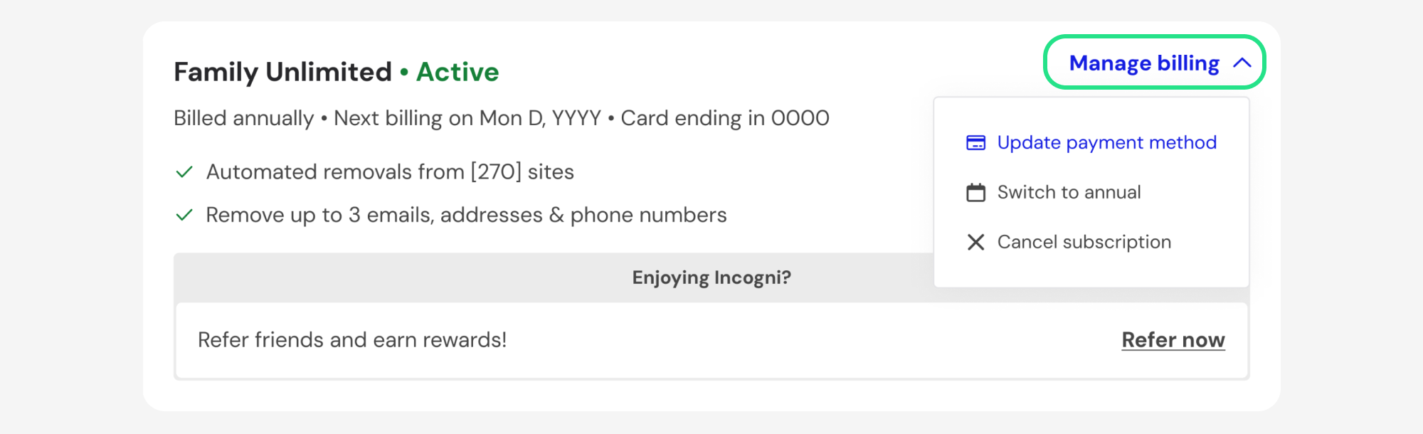 Family Unlimited plan card with Manage billing highlighted
