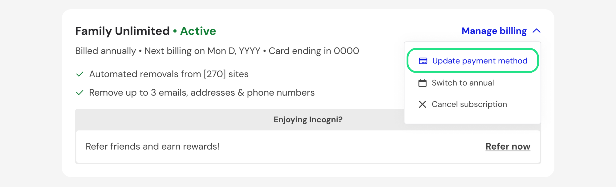 Manage billing menu with Update payment method highlighted