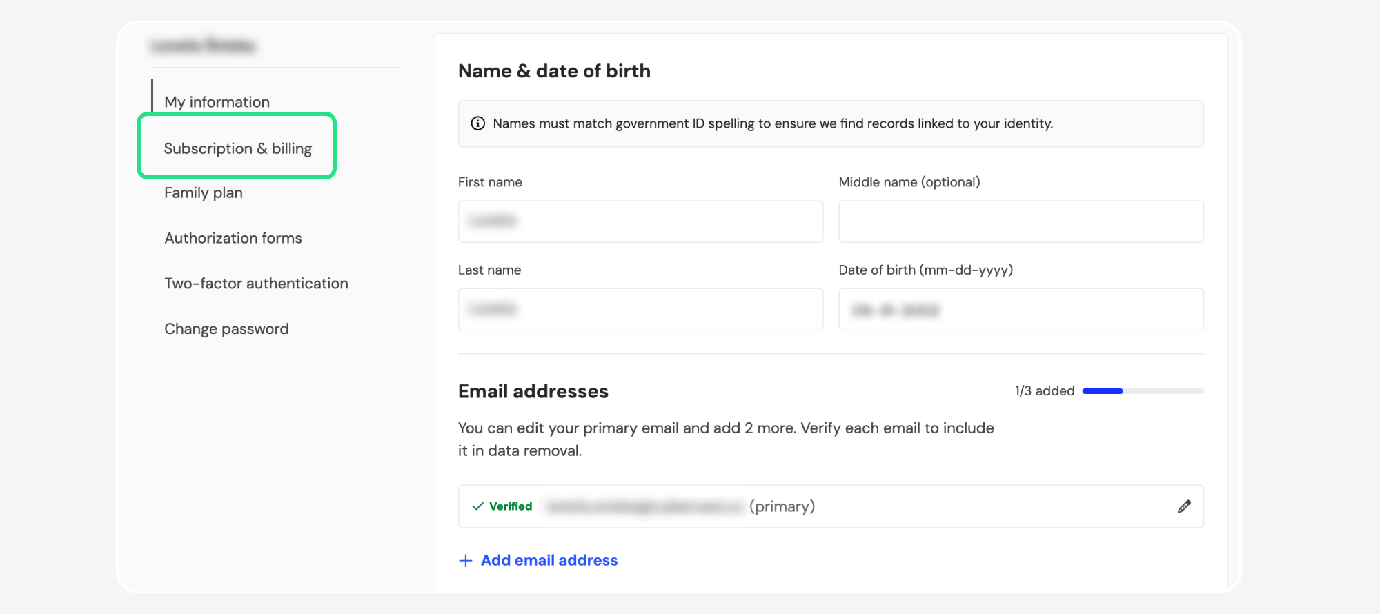 Profile page with Subscription & billing highlighted
