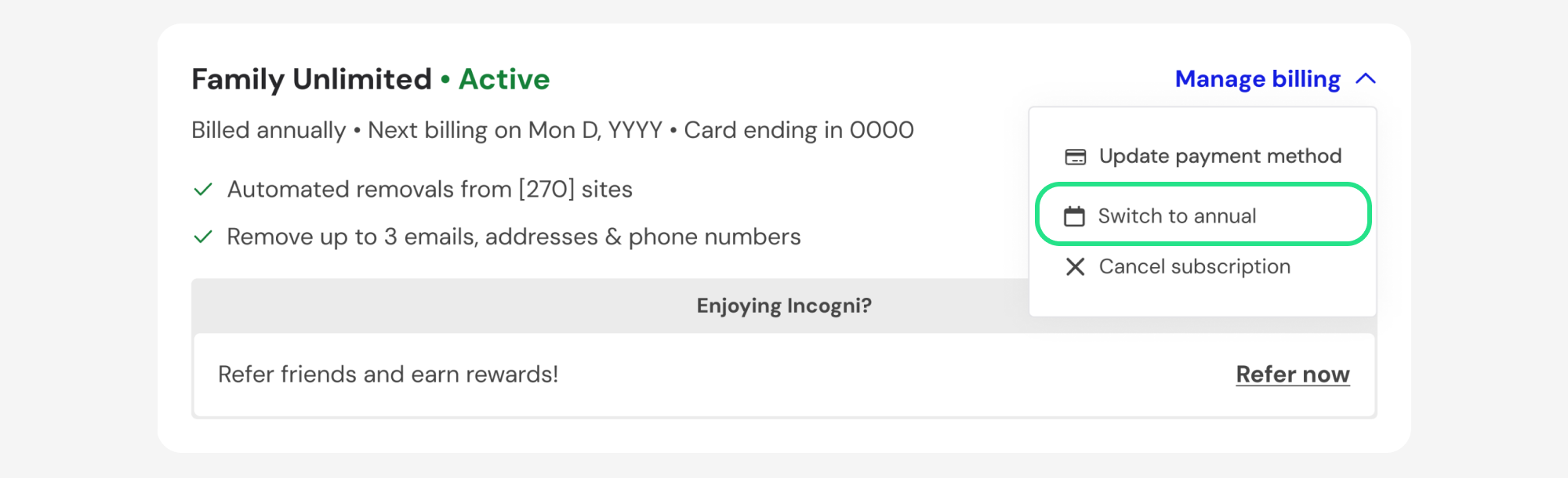 Manage billing menu with Switch to annual highlighted