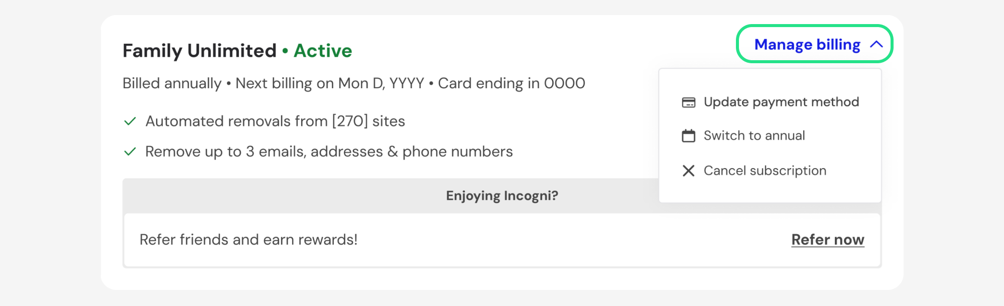 Family Unlimited plan card with Manage billing highlighted