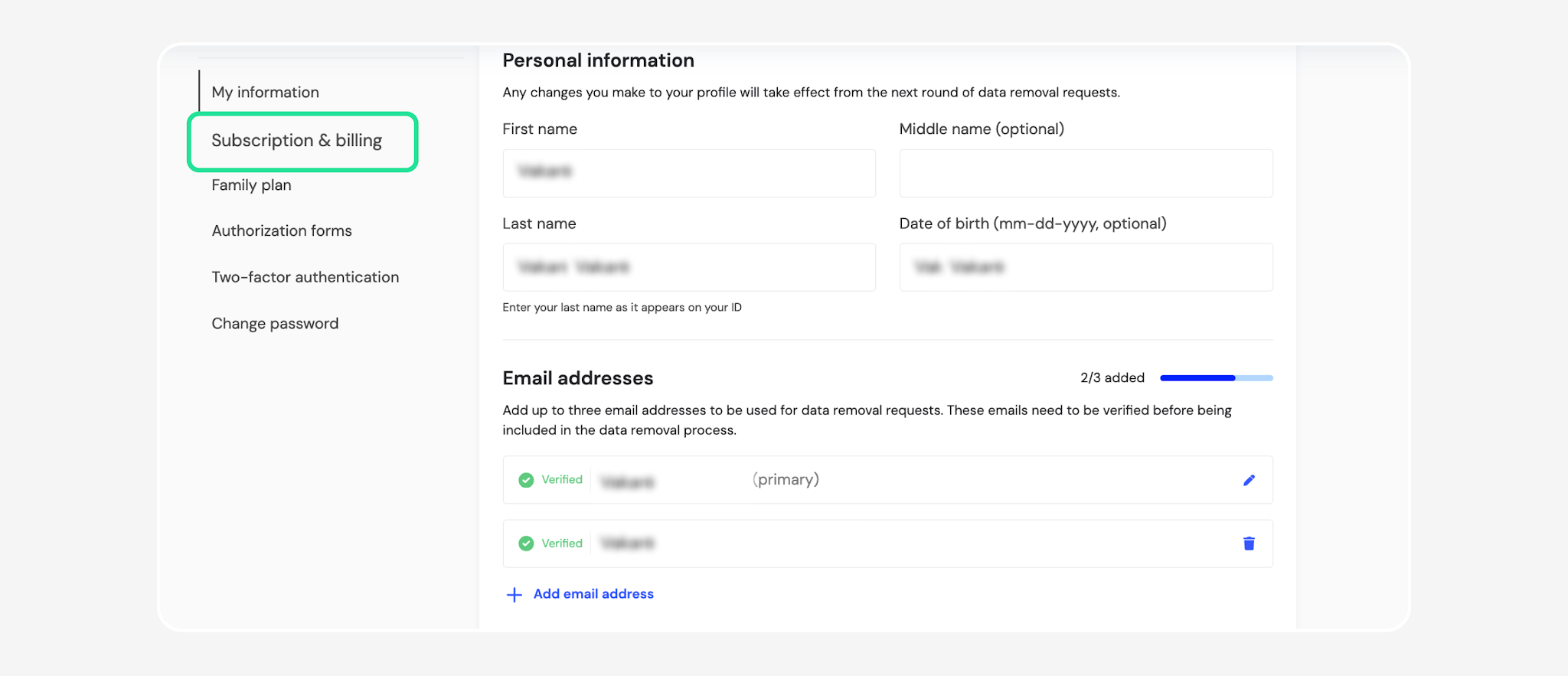 Profile page with Subscription & billing highlighted