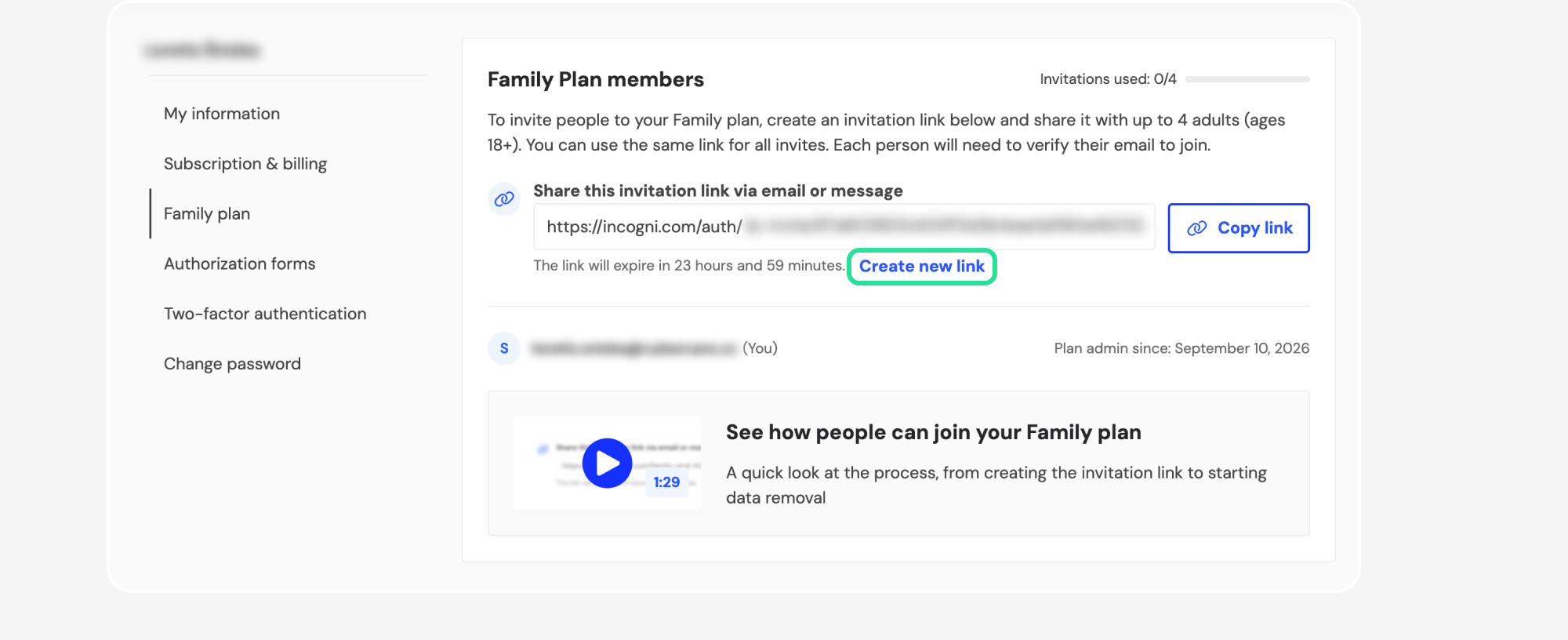 Family Plan members page with Create new link highlighted