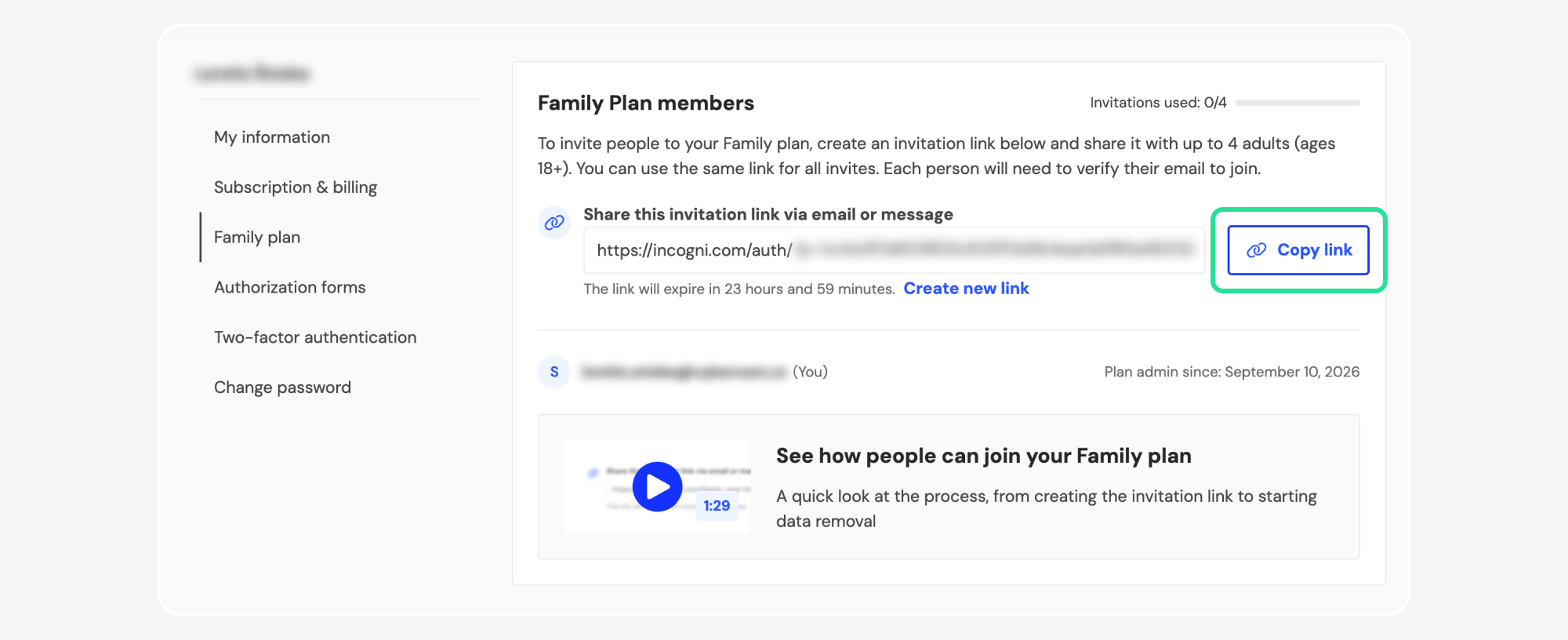 Family Plan members page with Copy link highlighted