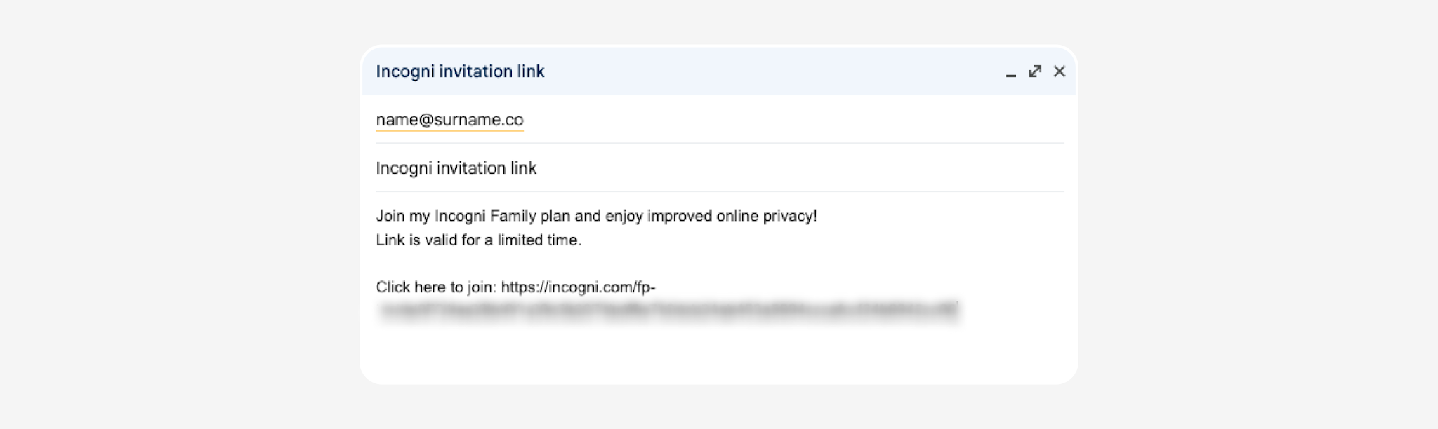 Email draft with Incogni Family plan invitation link