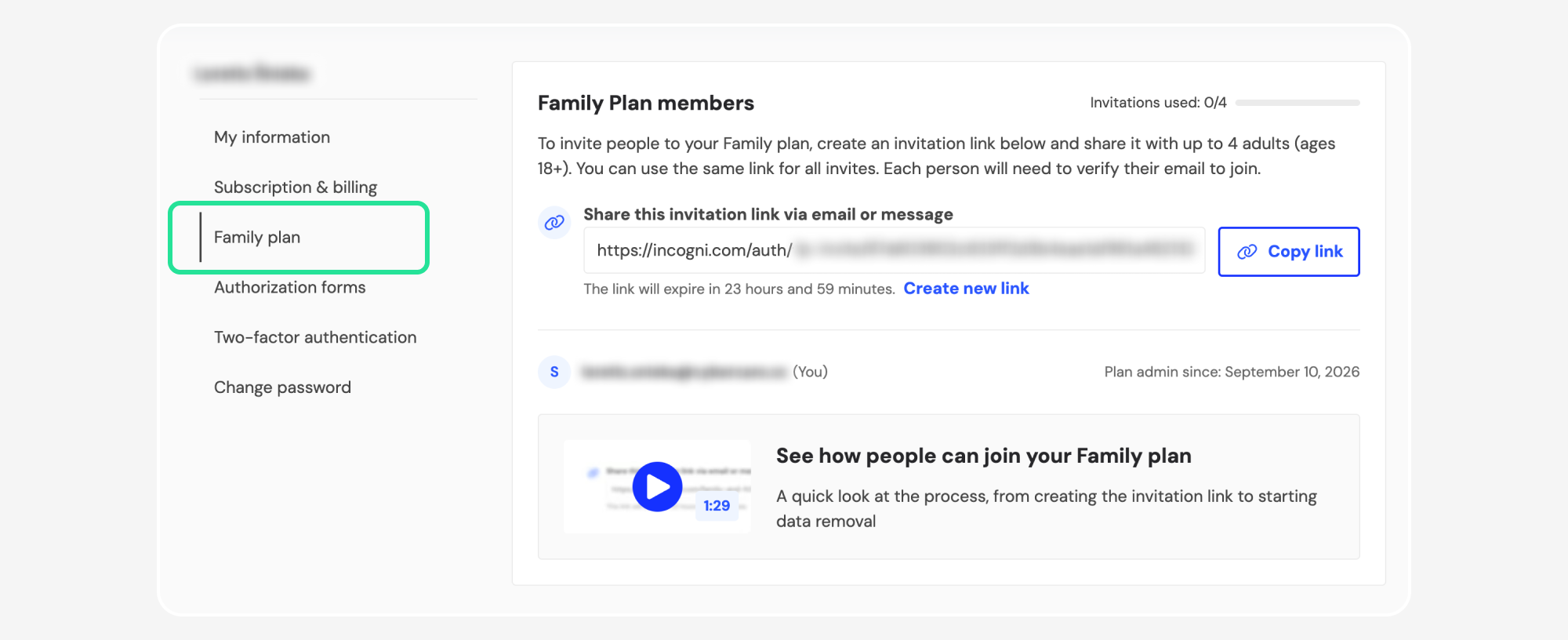 Profile page with Family plan highlighted