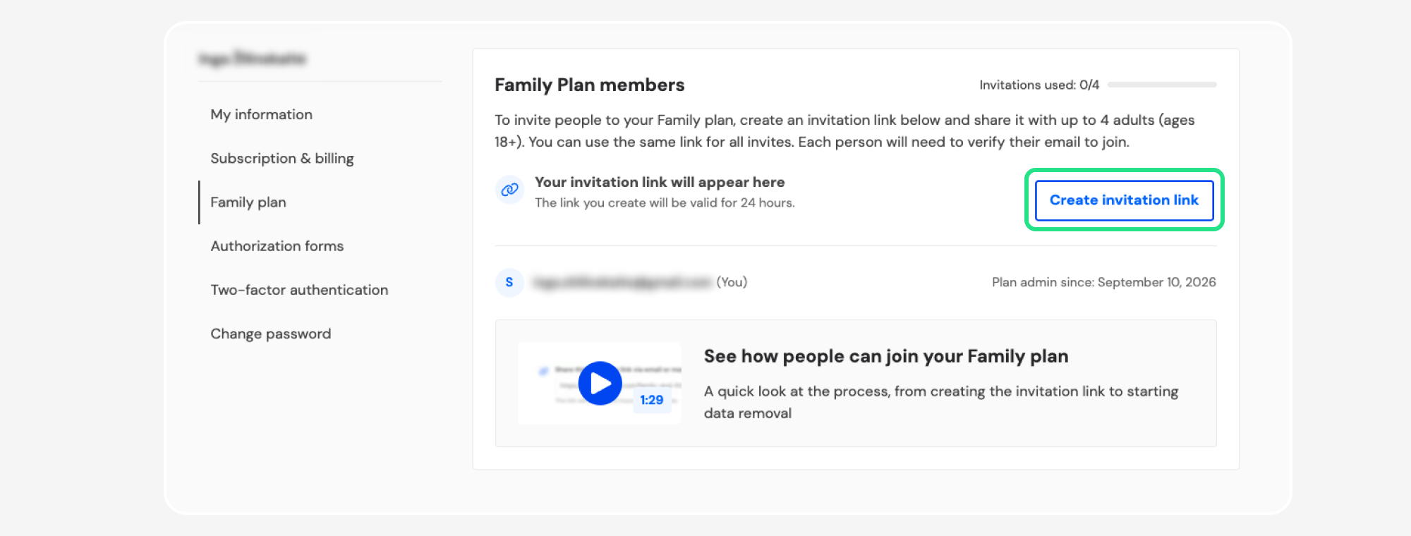 Family Plan members page with Create invitation link highlighted