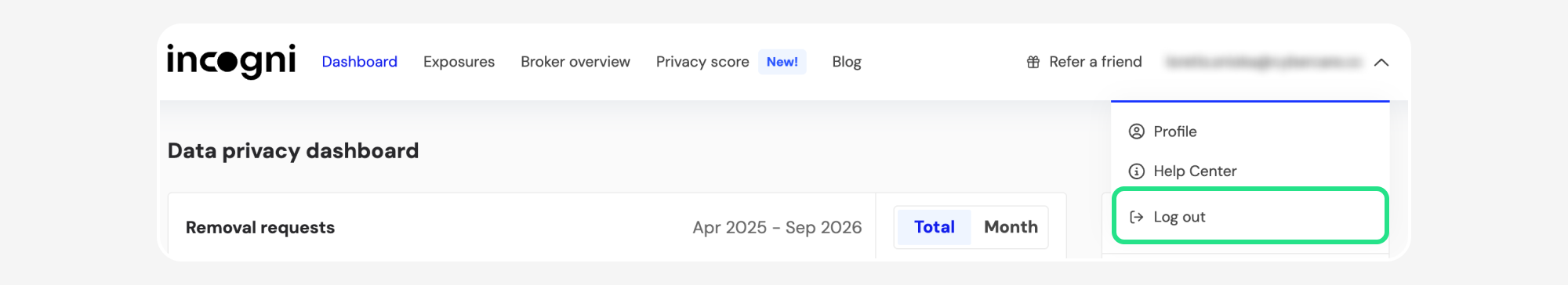 Incogni dashboard account menu with Log out highlighted
