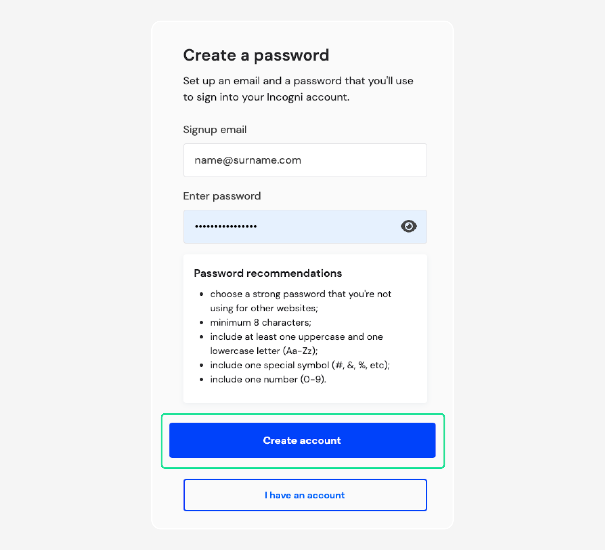 Create a password screen with Create account highlighted