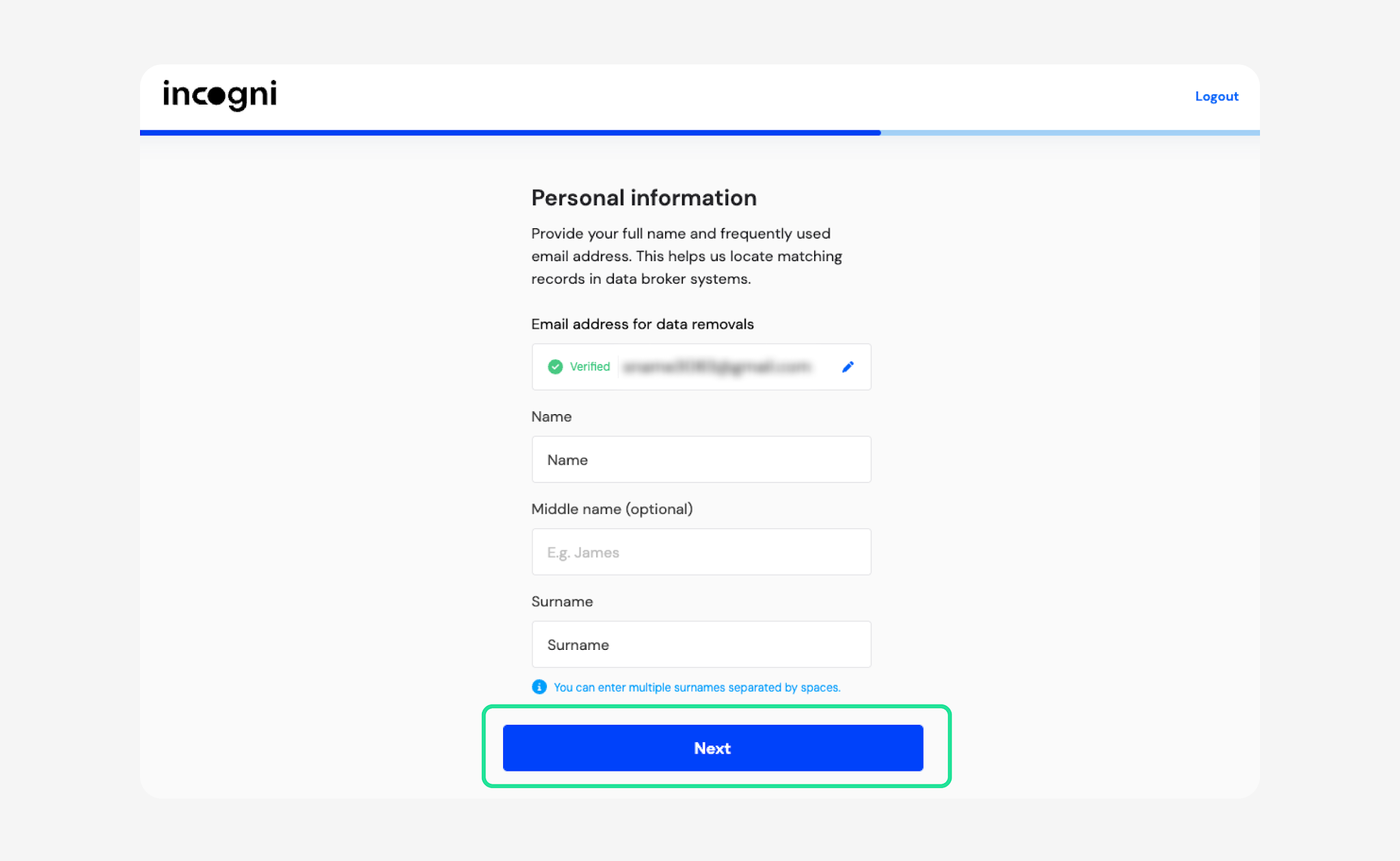 Personal information form with Next highlighted