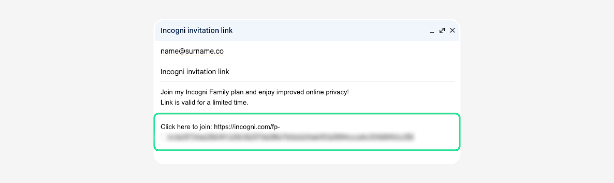 Email draft with Incogni Family plan invitation link highlighted