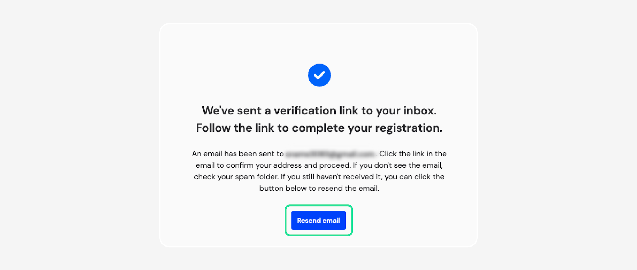 Verification sent screen with Resend email highlighted