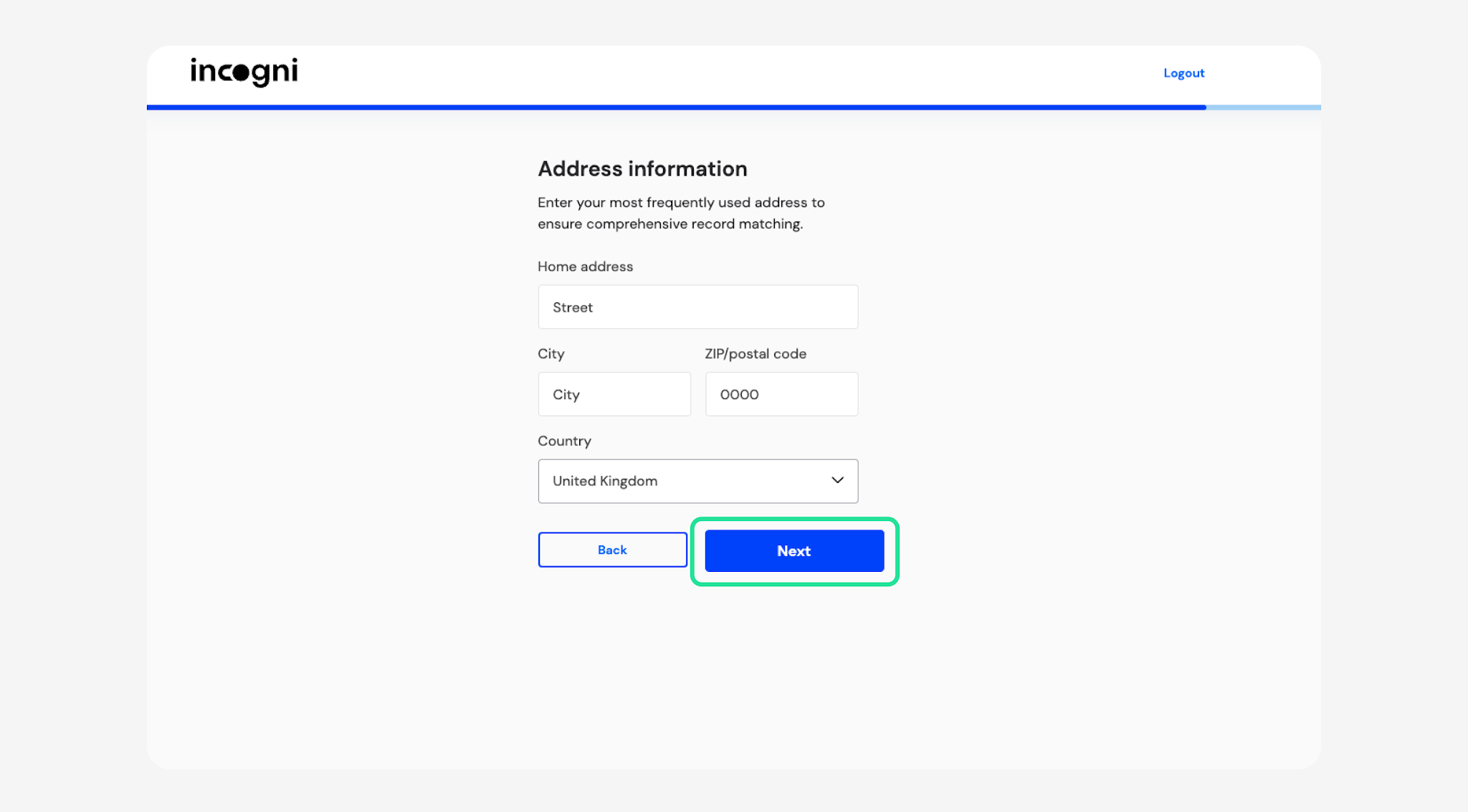 Address information form with Next highlighted