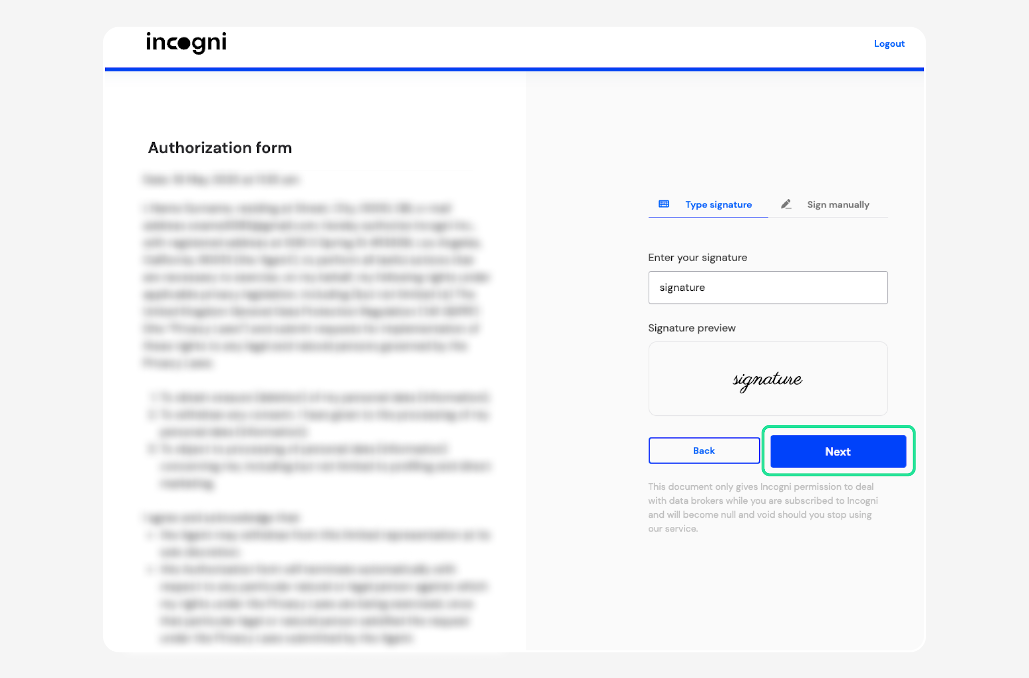 Authorization form with Next highlighted