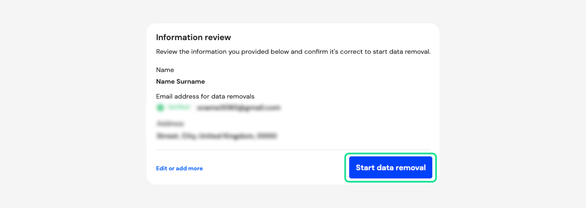 Information review screen with Start data removal highlighted