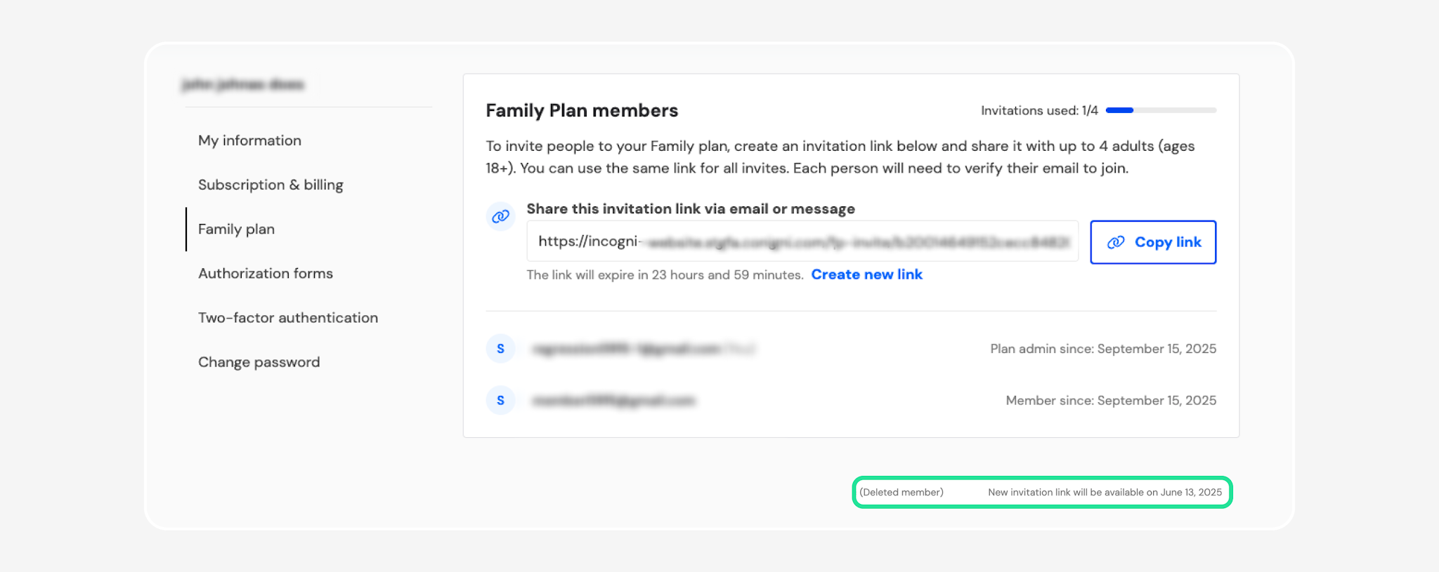 Family Plan members page with deleted member waiting period highlighted