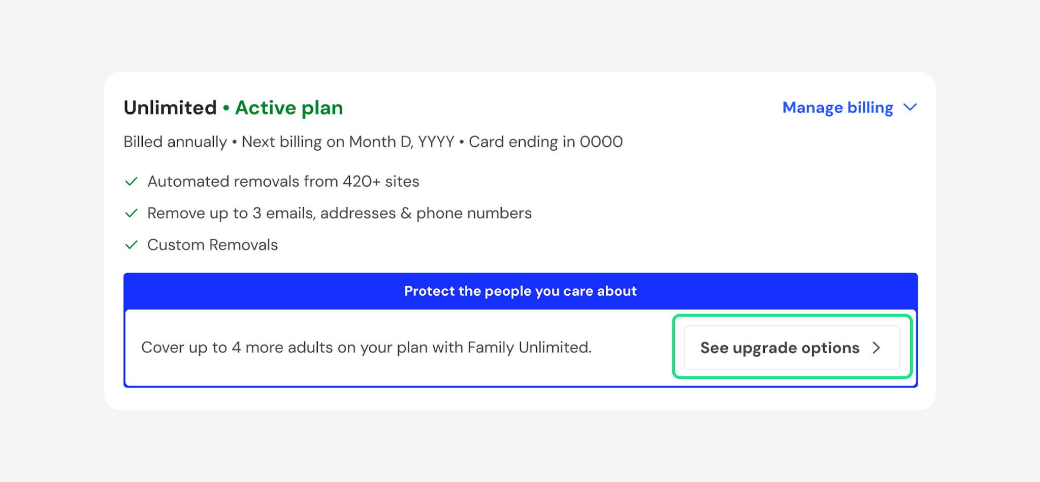 Active plan card with See upgrade options highlighted