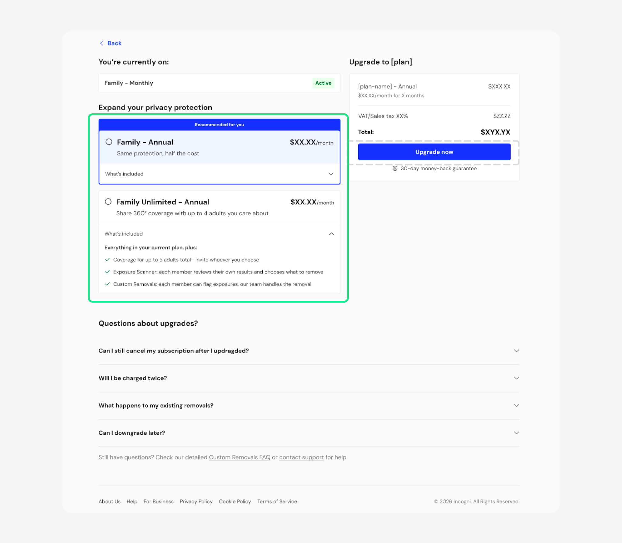Upgrade page with Family Annual and Family Unlimited Annual plans highlighted