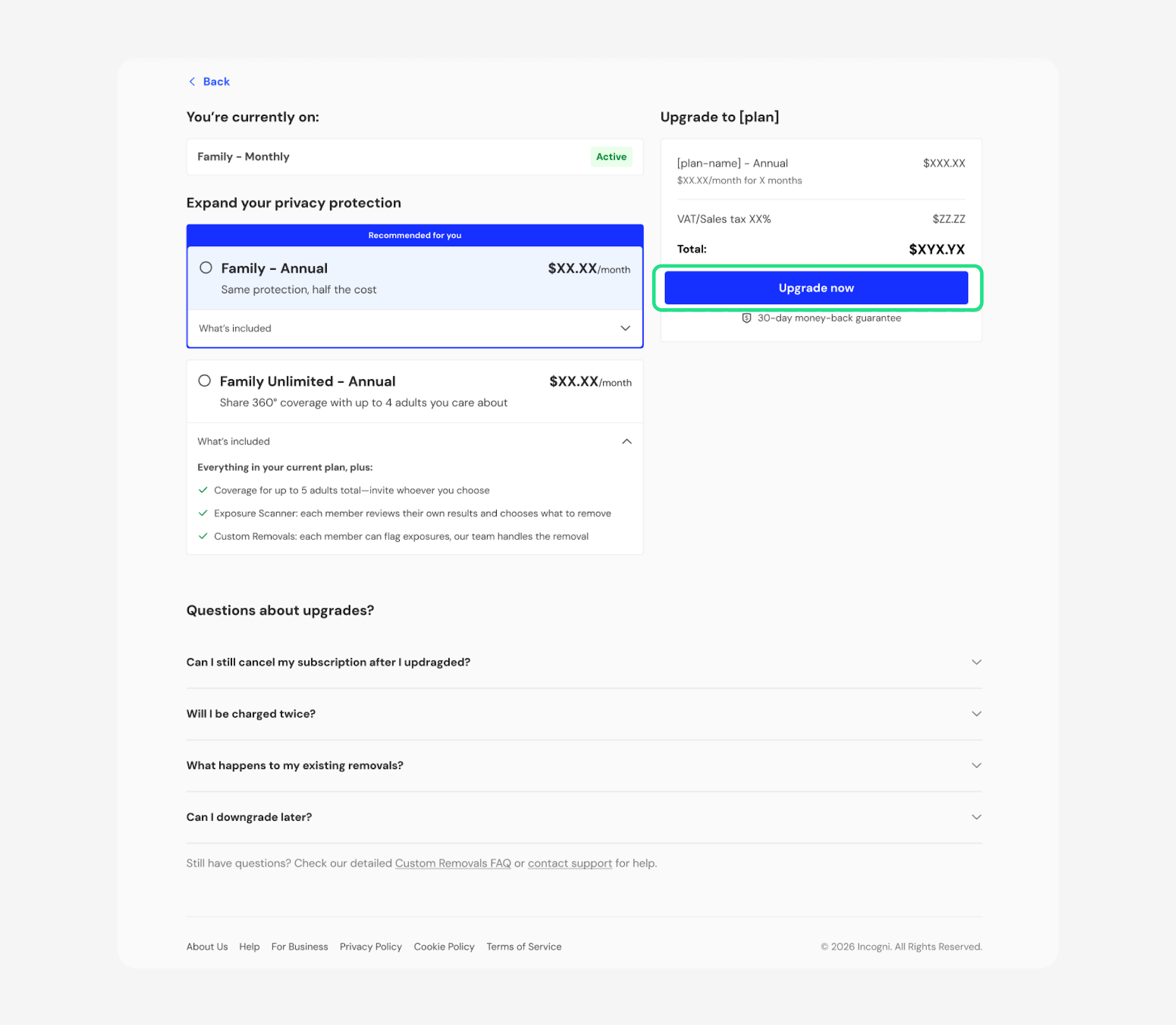 Upgrade page with Upgrade now highlighted