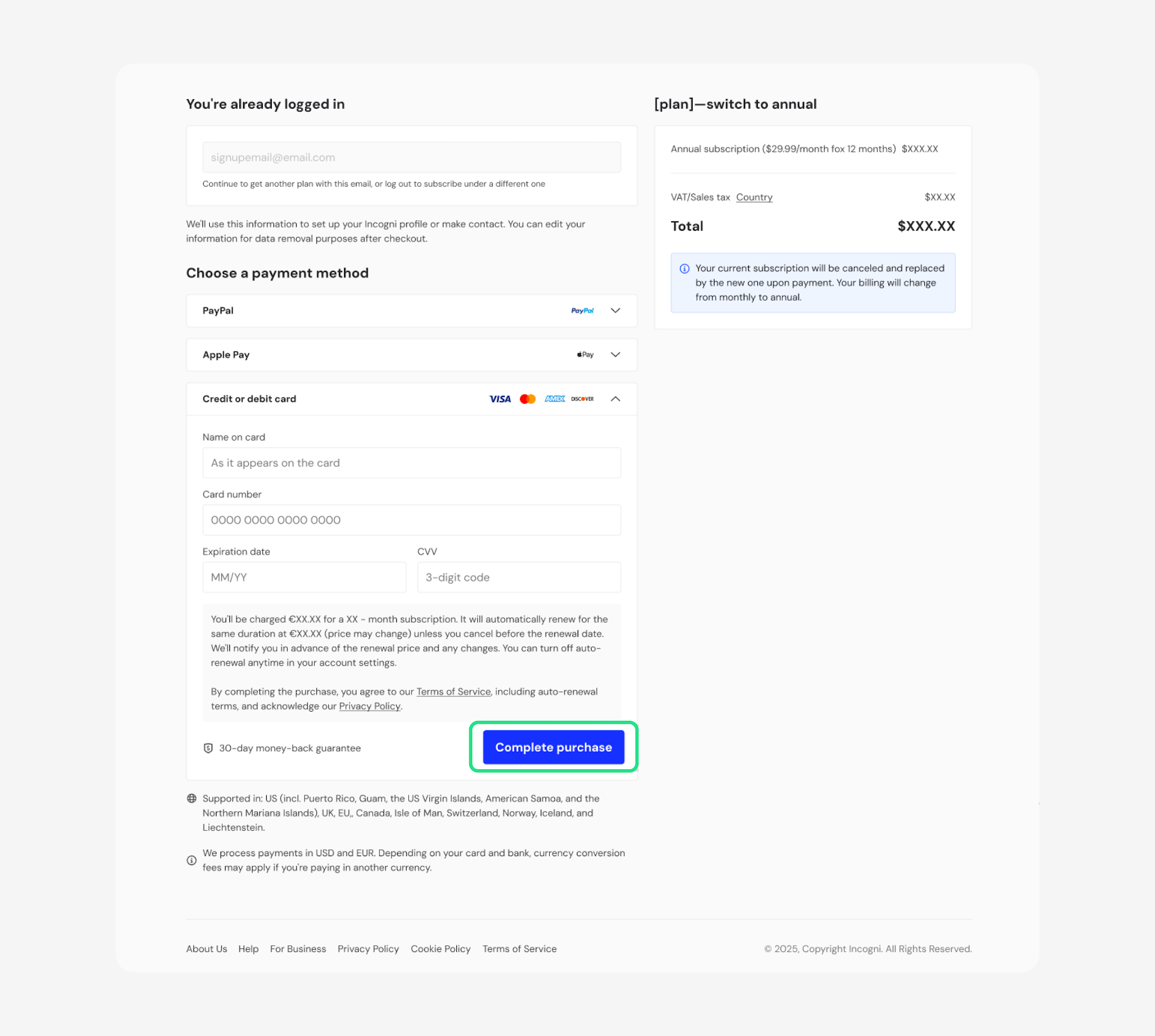Checkout page with Complete purchase highlighted