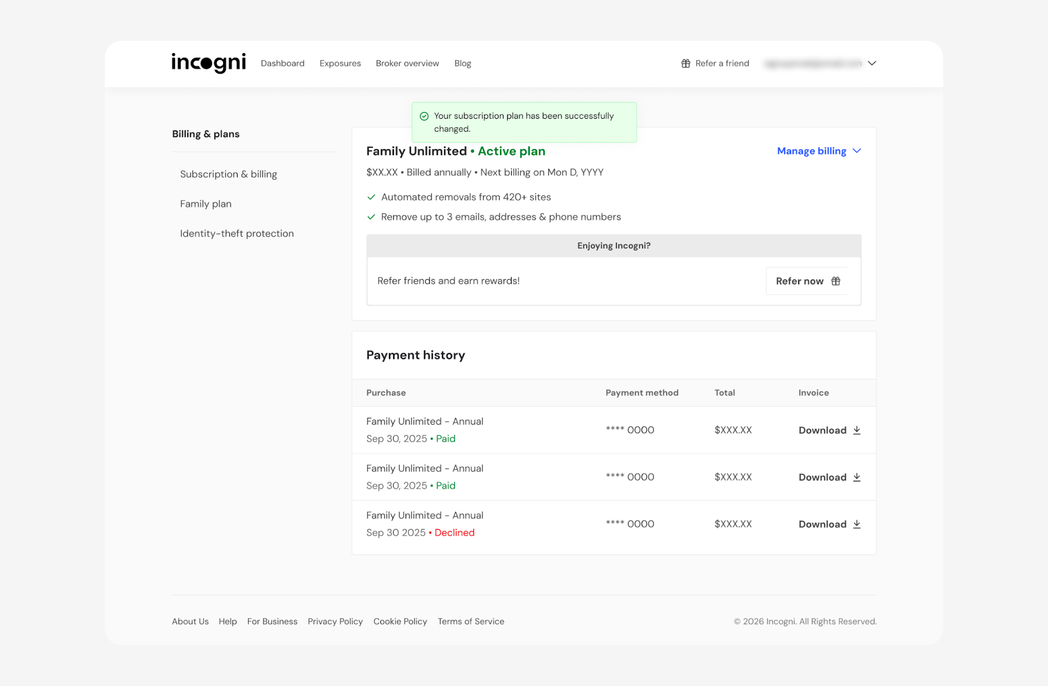 Subscription & billing page showing Family Unlimited as the active plan