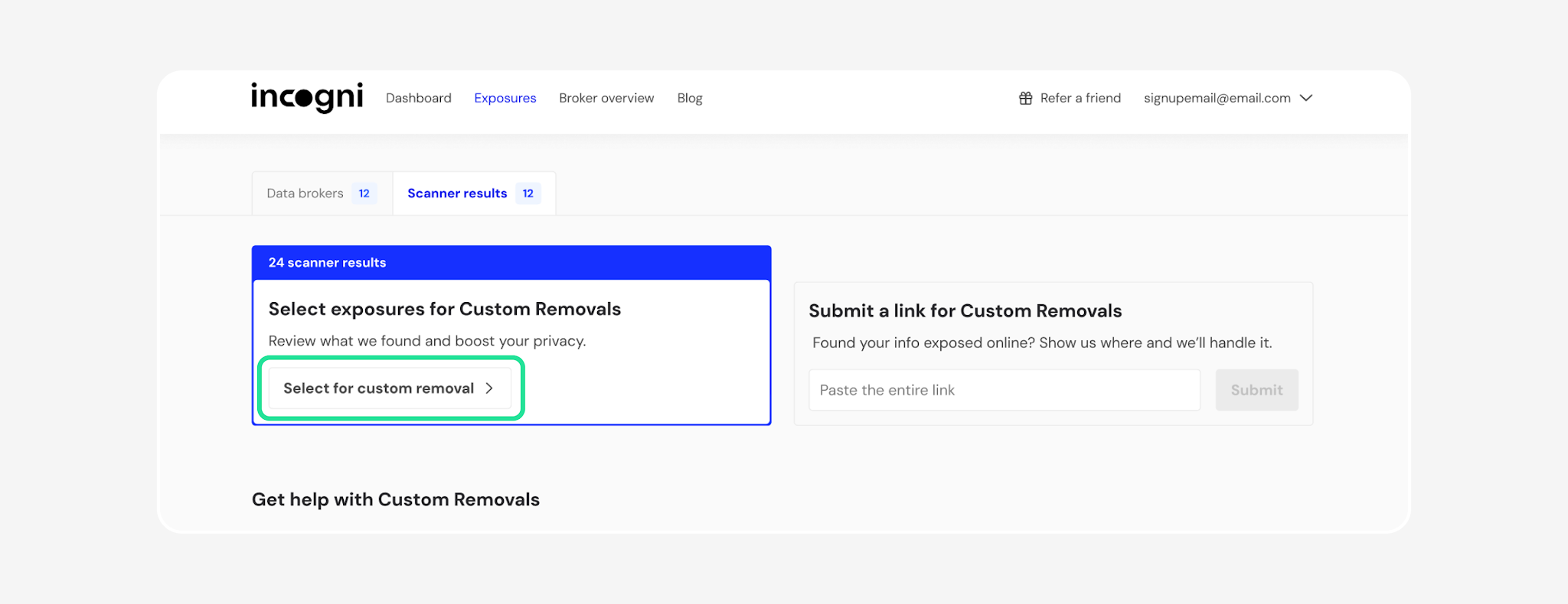 Scanner results page with Select for custom removal highlighted