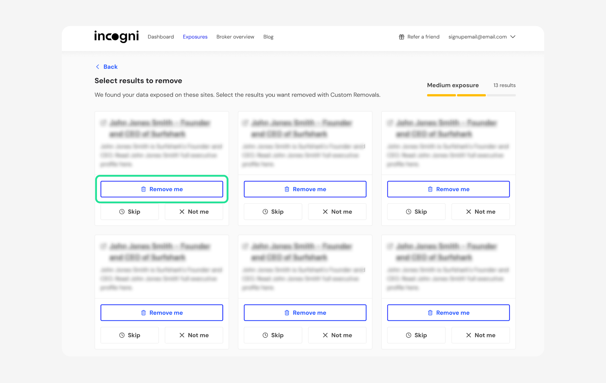 Select results to remove page with Remove me highlighted