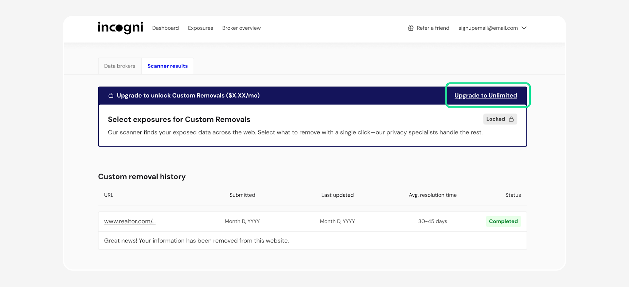 Locked Scanner results page with Upgrade to Unlimited highlighted