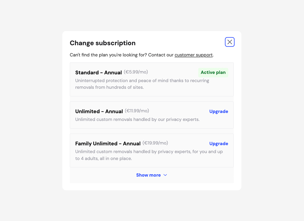 Change subscription dialog with Unlimited Upgrade option