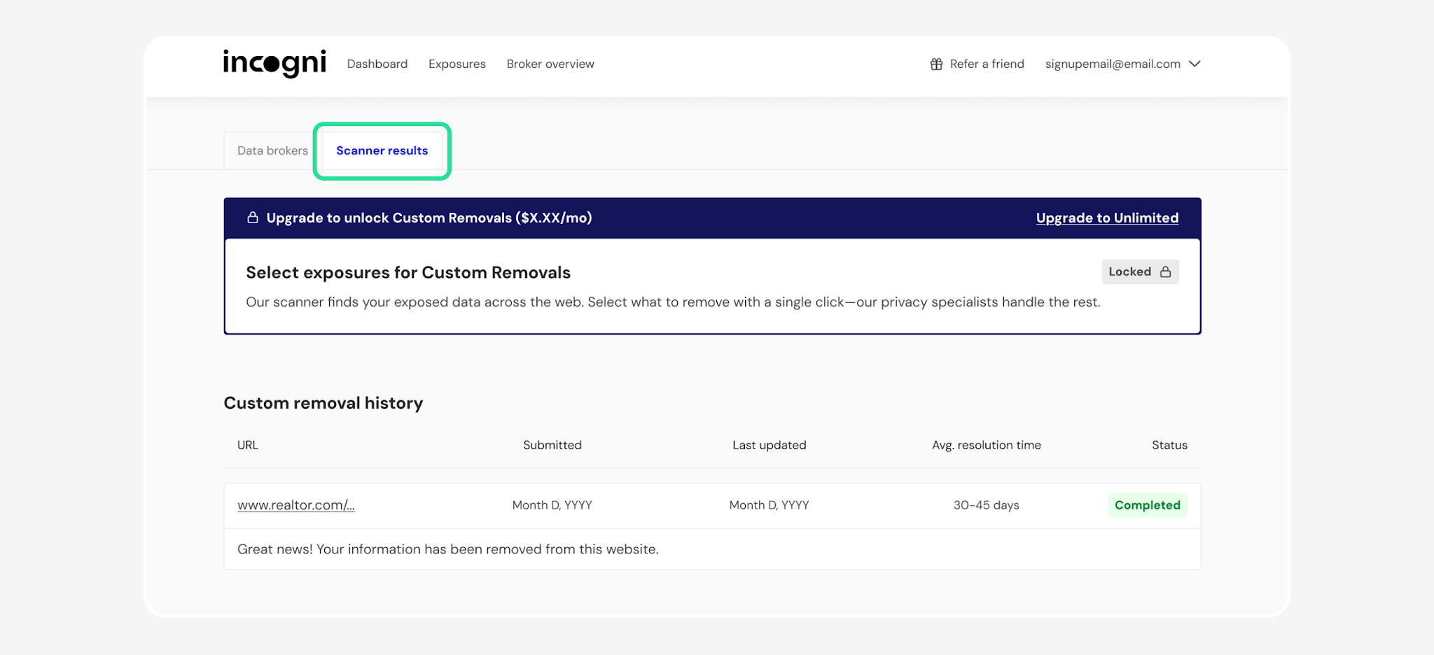 Locked Scanner results page with Scanner results tab highlighted