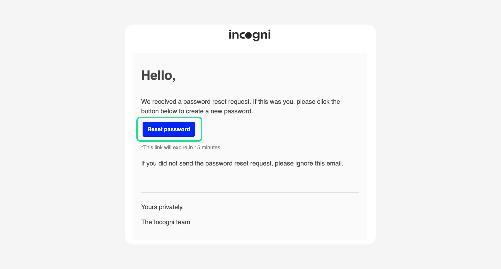 Incogni password reset email with Reset password highlighted